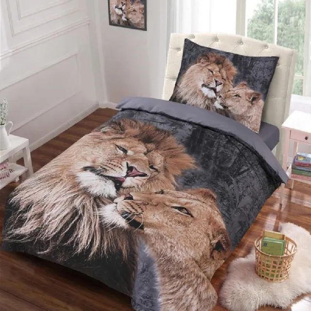 Husch Dekbedovertrek Lion Love Antraciet|Taupe - Eenpersoons-140 x 220-cm + 1 kussensloop 60x70cm Antaciet-Taupe