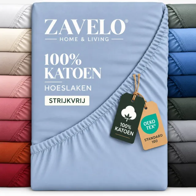 Zavelo Hoeslaken Katoen Strijkvrij Licht Blauw-1-persoons (90x220 cm)