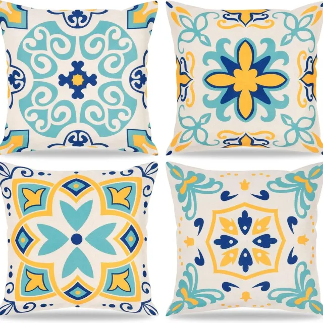 Boho Set van 4 waterdichte kussenslopen voor buiten, 45 x 45 cm, decoratief kussen, abstracte bloemen, bankkussen, Boho, herfstkussenhoes, decoratieve kussenhoes voor bank, balkon, patio, tuin, woonkamer Blauw