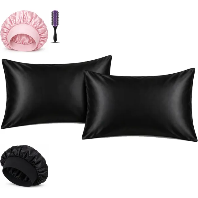 Professor Q Haar- en Slaapset - 2 Kussenslopen Zwart 60 x 70 cm - Bonnet Roze - Bonnet Zwart - Purple Black Borstel
