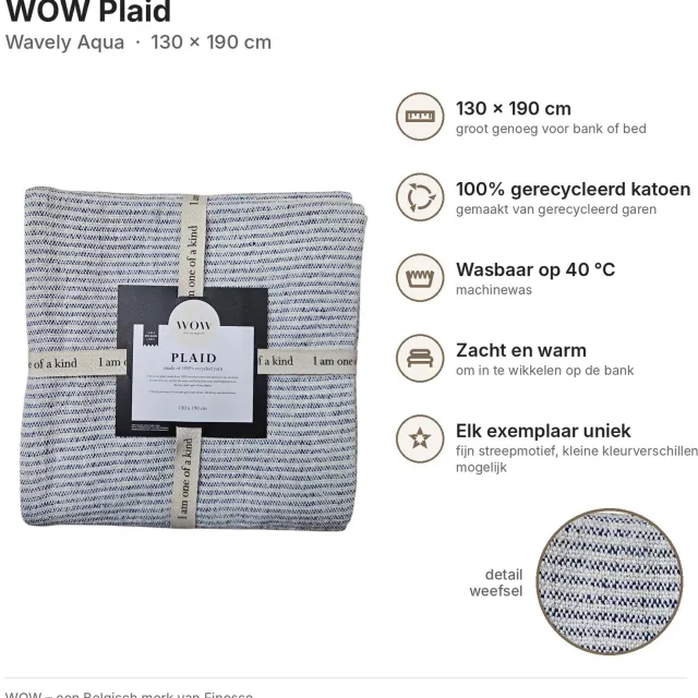 Wow Plaid 130x190 cm – Wavely Aqua – 100% Gerecycleerd Katoen – Woondeken / Plaid voor Bank en Bed Blauw