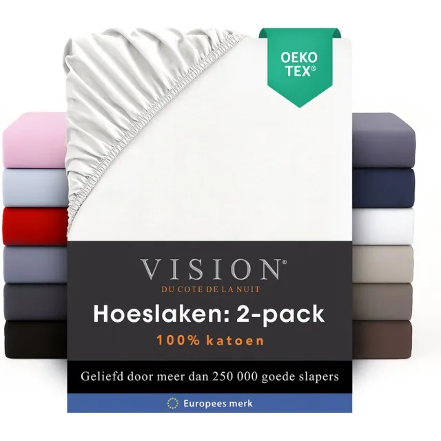 VISION home Vision - 2 Hoeslakens - 100% katoen - 90 x 200cm verpakt per 2 stuks - Geschikt voor boxspring matras: ruime hoek van 30cm - Wit - Oekotex gecertificeerd