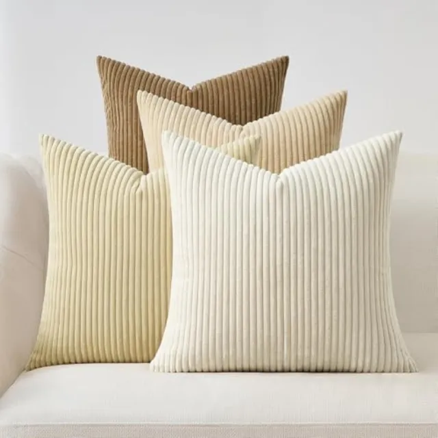 PromoHome Fluweel Kussenhoes Set 4 Stuks 50x50 cm Lichtbeige Gestreept Gradiënt Ontwerp - Zachte Corduroy Kussenhoezen voor Bank, Slaapkamer en Woonkamer Geel