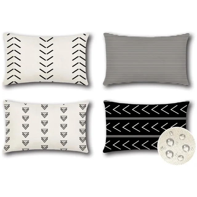 Ibenzoa Set van 4 waterdichte sierkussenhoezen voor binnen en buiten met geometrisch design, 40x60cm, zwart