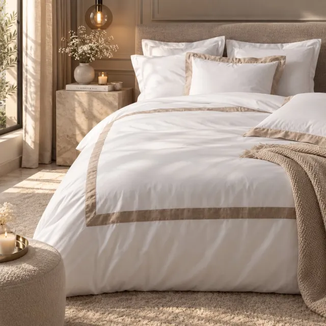 FERBELLA Luxe Dekbedovertrek Lauraline – 100% Katoen – 240 x 220 cm – Wit/Beige – Hotelkwaliteit – Ademend & Zacht - Incl. 2 Slopen