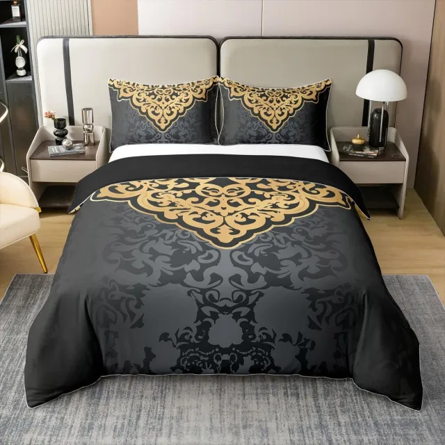 Ibenzoa Elegante katoenen dekbedovertrek met barokke print in zwart en goud Black