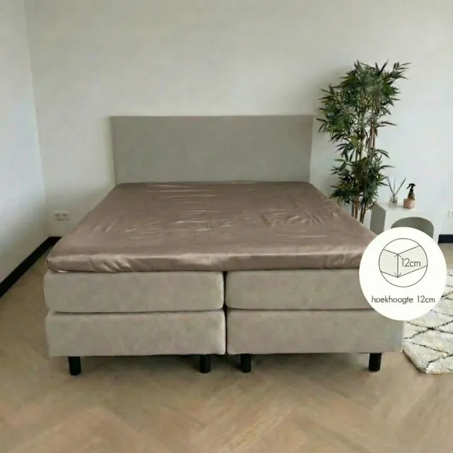 kayori Saya Topper Hoeslaken Katoensatijn - 200x200-210cm - Matrasdikte 12cm - Luxe & Zacht- Taupe - 200x200-210 - Tweepersoons- Taupe