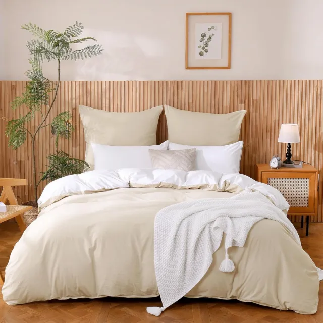 JGS Premium Katoenen Beddengoedset, 4-delig Beige Linnentextuur, 135 x 200 cm met Öko-Tex Certificering
