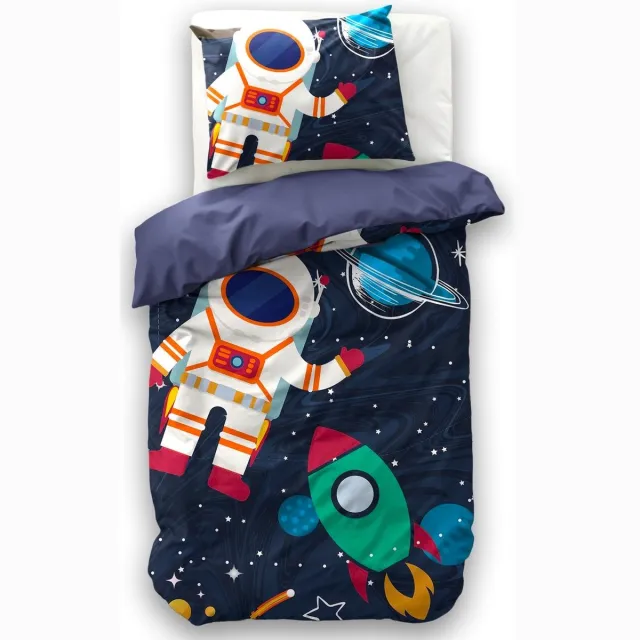 Sleeptime jongens dekbedovertrek (dekbed hoes) blauw ruimtevaart met astronaut, spaceshuttle / raket tussen planeten en sterren in het heelal / universum (stoer beddengoed kinderkamer) multicolor
