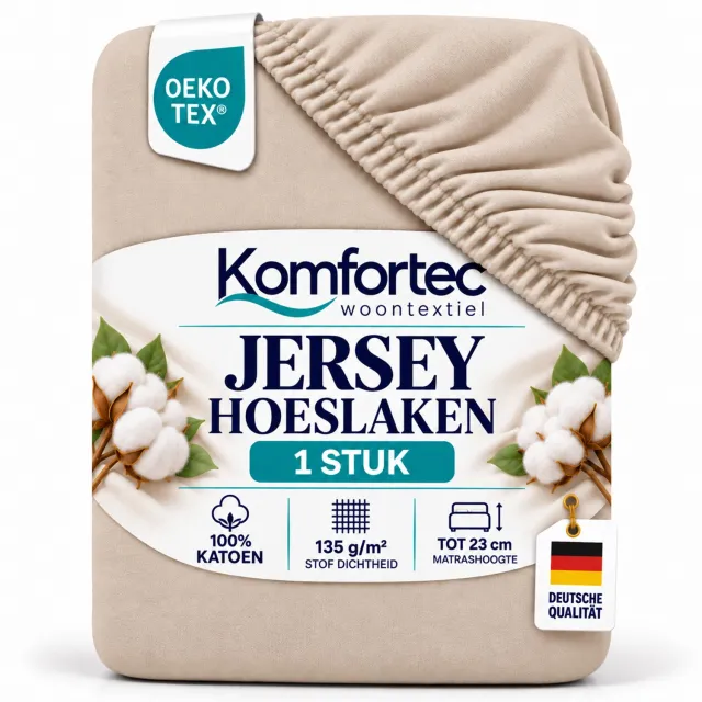 Komfortec Katoen Stretch Hoeslaken 200x200 cm – 100% Katoen – Geschikt voor Matrassen tot 23 cm – Rondom Elastiek – Zacht & Ademend – Beige