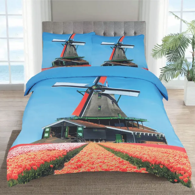 Husch 2Persoons- Lits-jumeaux dekbedovertrek set windmolen Nederlands landschap Ultra soft microPercal dekbedovertrek 240x220 cm + 2 kussenslopen 60x70 cm Multi