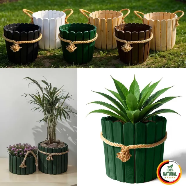Floranica ronde bloempot 20 x 33 cm van grenenhout, plantenpot, bloembak, kruidenpot voor huis en tuin, voor binnen- en buitengebruik, groen omwikkeld met touw, groen