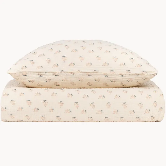 Nobodinoz Babymuslin dekbedovertrekset Wabi-Sabi, 100 x 140 cm + 1 kussen 40 x 45 cm Wit, Beige