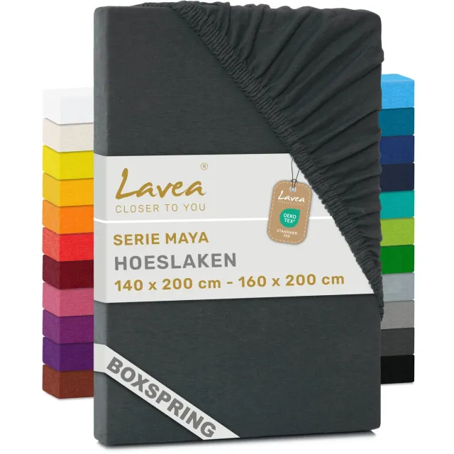 lavea Hoeslaken 140-160x200cm 100% Katoen – Hoge Hoek 35 cm voor Dikke Matrassen – met Elastiek Rondom in Jersey – voor Boxspring – Antraciet