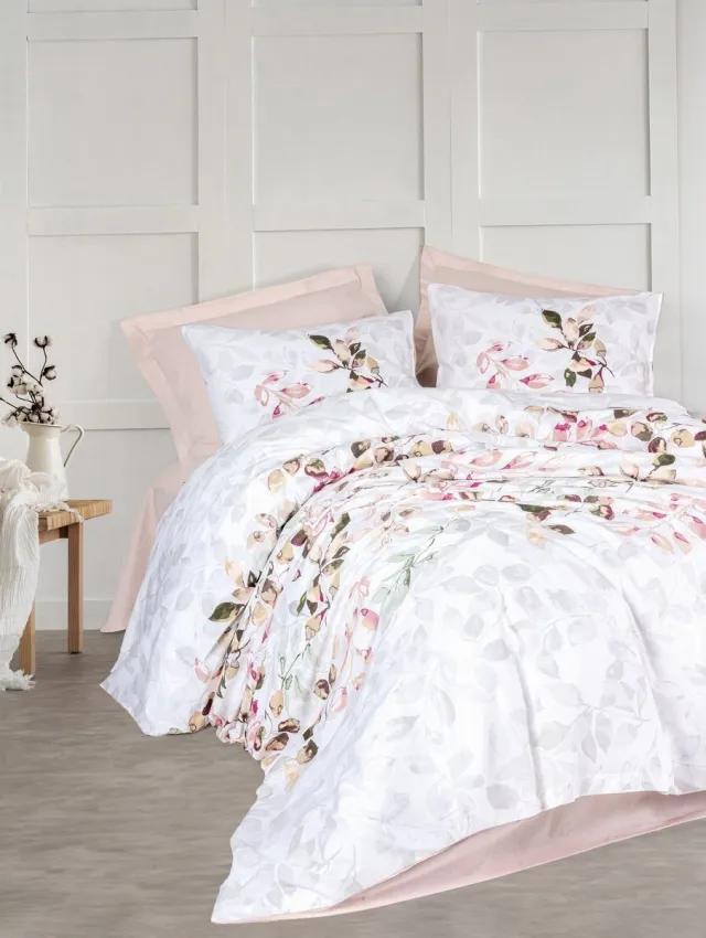 L'essentiel Maison Ranforce Eenpersoons XXL Dekbedovertrekset – 155x220 cm – 100% Katoen – Grijs/Roze/Wit