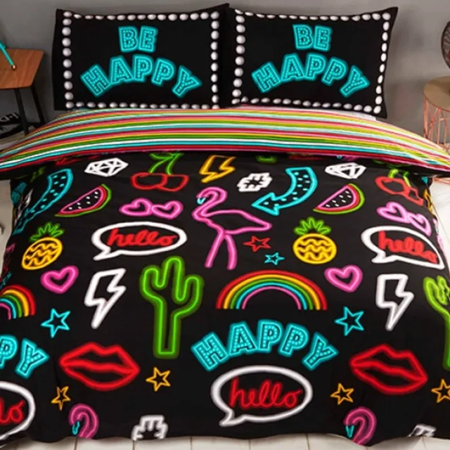 Catherine Lansfield 1-persoons dekbedovertrek “be happy” zwart met felle fluoriserende neon licht reclame met droedels: flamingo, cactus en regenboog eenpersoons 140 x 200 cm (stoere dekbed hoes voor tieners, Sint & Kerst cadeau)