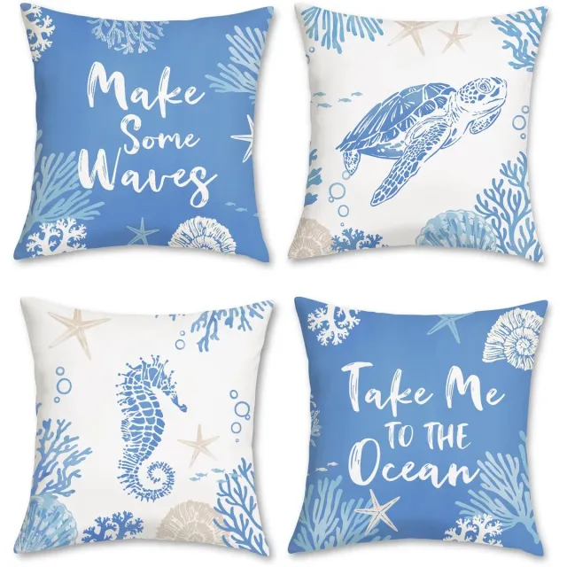 Ibenzoa Set van 4 decoratieve kussenslopen met oceaan thema, 45 x 45 cm, fluweelzacht blauw
