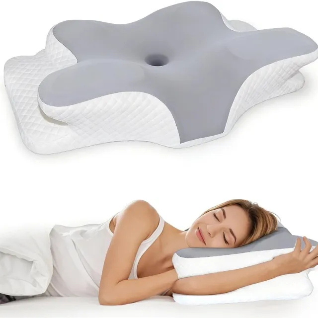 NCRealher Neksteunkussen Voor Verlichting Van Nekpijn - Nekkussen - Hoofdkussen - Bedkussen Van Traagschuim - Ergonomisch Contourkussen Wit & Grijs