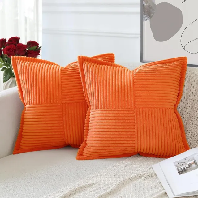 Famanu Set van 2 corduroy kussenslopen, fluweel, zacht sierkussen, decoratieve kussensloop, moderne kussenhoezen, omwikkelde rand, bankkussens voor woonkamer, slaapkamer, oranje, 45 x 45 cm