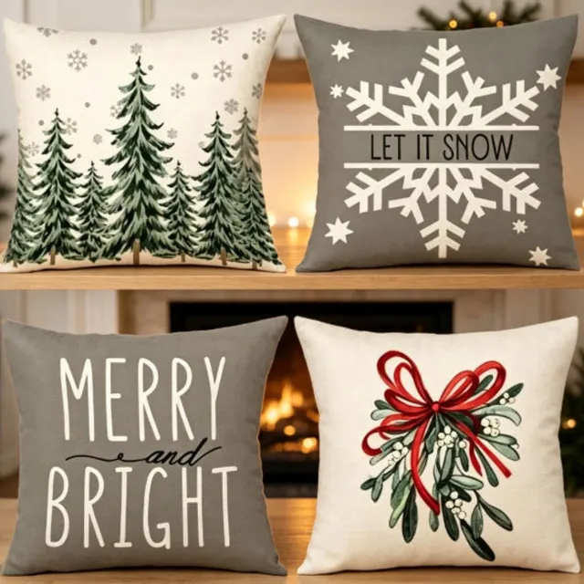 Mrilary Kerstkussenhoezen 45*45 cm, set van 4, winterse sierkussenhoezen met buffelruitpatroon, vrolijke kerstkussens voor bank, fauteuil, huisdecoratie, kerstkussens voor binnen.
