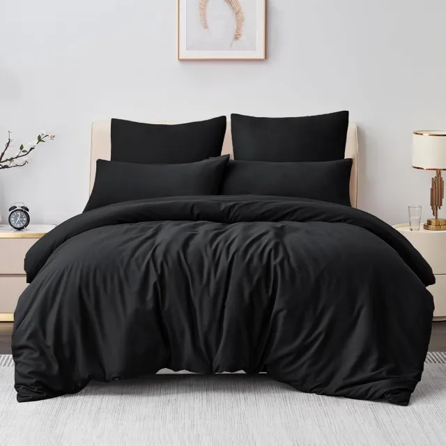 Famanu Beddengoed, 3-delige set, van microvezel, met ritssluiting, zacht en strijkvrij, met kussenslopen en dekbedovertrek 200 x 200 cm, zwart