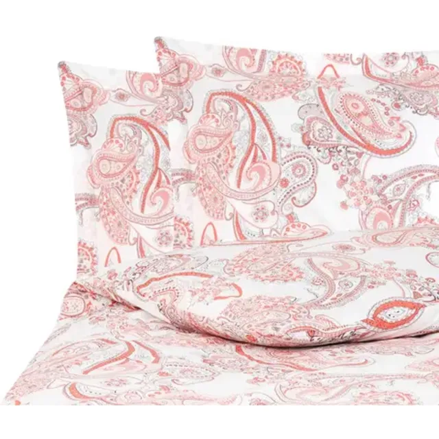 mandulay Set 2 Perkal kussenslopen wit & koraal Paisley print 40x80cm katoen bedlinnen