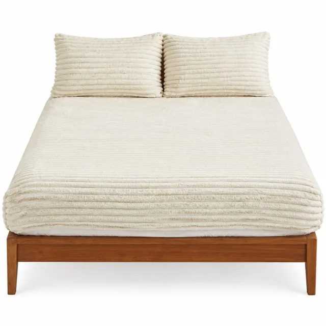 SWGOTA Crème hoeslaken met ribstructuur en imitatiekonijnenbont, 180 x 200 cm, voor matrassen tot 30 cm, 1 stuk
