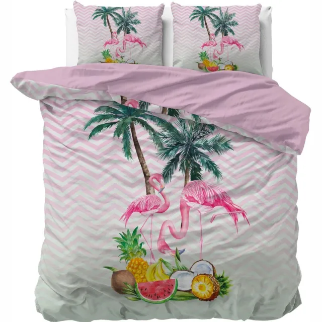 Sleeptime Lits-jumeaux dekbedovertrek (dekbed hoes) roze – wit met flamingo’s (vogels) onder palmbomen met tropisch fruit (ananas, meloen, kokosnoot, bananen) 240 x 220 cm (trendy meiden beddengoed!)