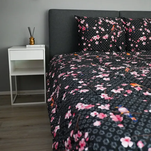 Valking Dekbed Zonder Overtrek Japon Black | Easy Dekbed Uni Onderzijde | 200 x 200/220cm + 2 kussenslopen en instopstrook