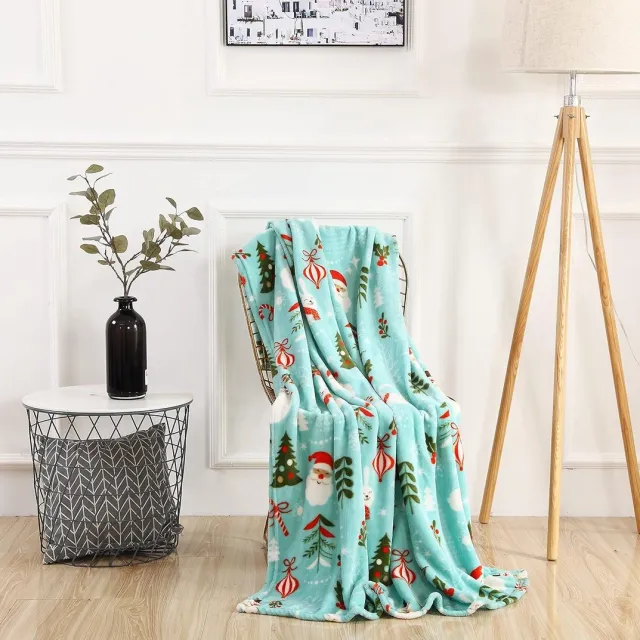 Huttutu Deken - Ultra-zacht Langpolig Fleece Plaid met Kerstprint - Kerstman en Sneeuwman Motief - Warm en Knus voor Bank en Bed - Formaat 130x150 cm - Blauwe Kleur