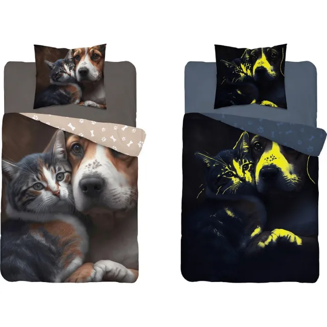 Detexpol Glow in the dark kinderdekbedovertrek Hond en poes - katoen - kussensloop multi