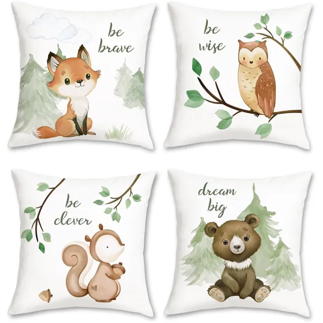 Famanu Set van 4 decoratieve kussenslopen voor bosdieren, 40 x 40 cm, zacht fluweel, ideaal voor kinderkamers Zwart