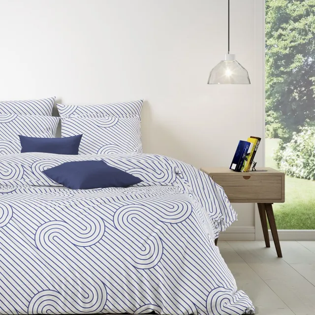 Mistral Home DEKBEDOVERTREK - katoen renforcé - 140 x 200 cm + 65 x 65 cm - eenpersoons - geometrisch - wit Wit/Blauw