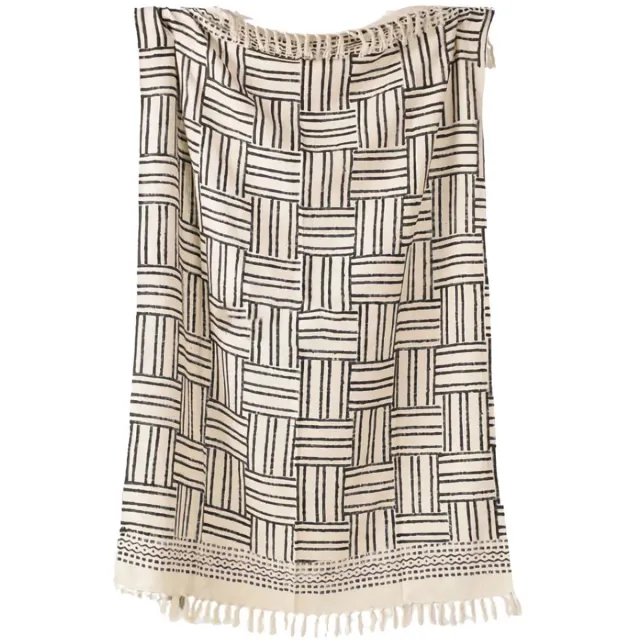 Urbane Hide Handgeprinte Block Print Plaid | Plaids | 120x180 cm | met Franjes | 100% Katoen | Beige en Zwart