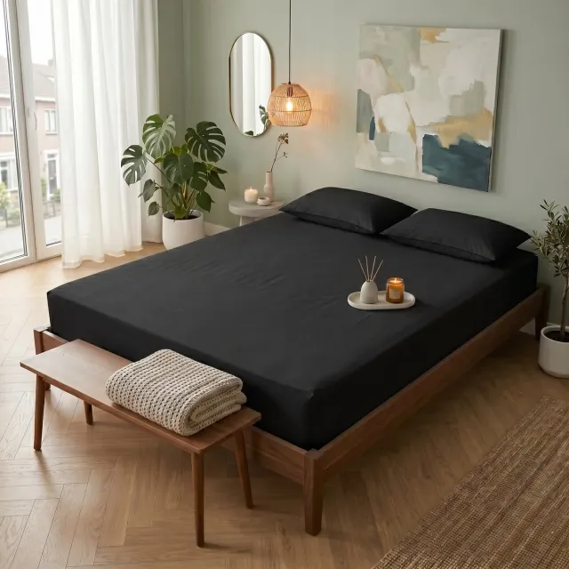 Saphira SOFT Geweven Katoen Hoeslaken – Zwart – 140x200 cm – Tweepersoon – 30 cm Matrashoogte – 100% Katoen – 360° Elastiek Rondom – Glad, Ademend & Zacht
