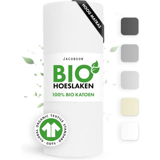 JACOBSON Hoeslaken – 100% Biologisch Katoen – 160x220 cm – tot 35cm matrasdikte– 160 g/m² – Wit
