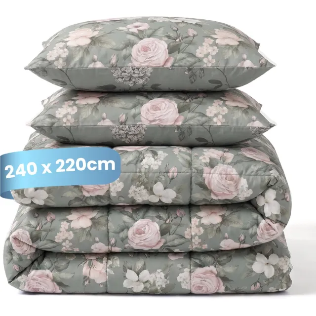 Slaapspeciaal Essential Print Romance Green - Dekbed zonder Overtrek - Wasbaar Dekbed - Hoesloos Dekbed - All Year Dekbed - 2 in 1 Dekbed - Incl. 2 Kussensloop - 240x220 cm