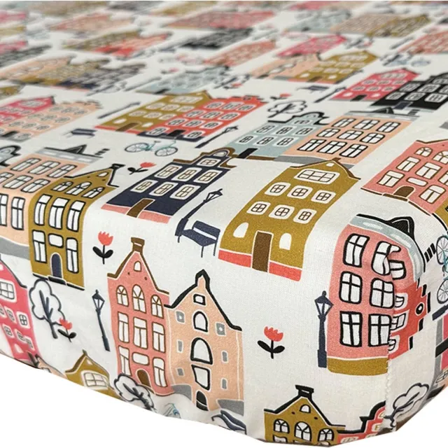 BINK Bedding Hoeslaken Adam 90 x 200 cm - print met huisjes - Hollandse huisjes - ecru - roze - peach - blue - grijs - mosterdgeel - 1-persoons - eenpersoons ecru, grijs, roze, peach, mostert, blue