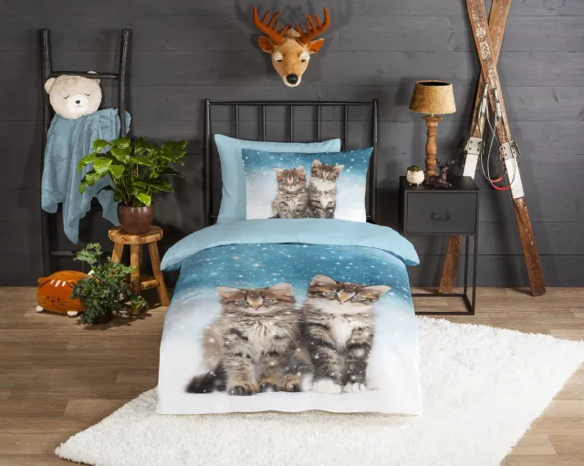 Good Morning dekbedovertrek poezen - Blauw - 100% Katoen flanel Blue