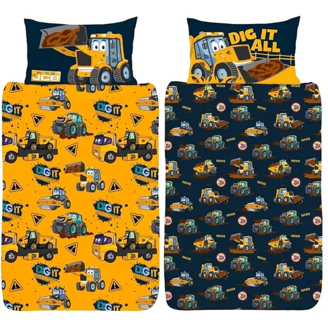 Catherine Lansfield Peuter / junior jongens dekbedovertrek (dekbed hoes) donkergeel / donkerblauw “dig it” met wegenbouw voertuigen / auto’s: graafmachine, vrachtwagen / truck, shovel en bulldozer 120 x 150 cm (stoer beddengoed voor kleuters, Sint & Kerst cadeau!)