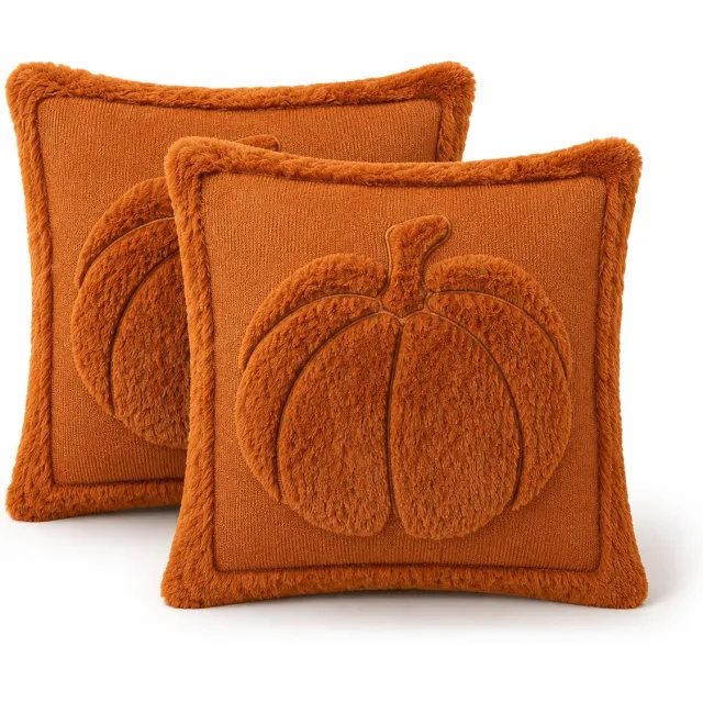Bobypet Pluche Kussensloop - Set van 2 - Herfst decoratie - Grote pompoeni pompoenvorm - 45x45cm - Zachte - Wasbaar - Voor bank, woonkamer, slaapkamer,slaapbank - Karamelkleur