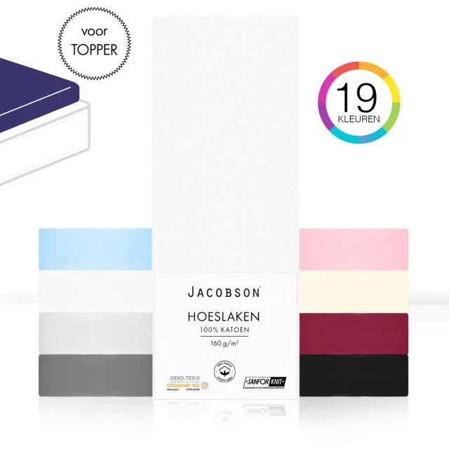JACOBSON Hoeslaken Topper – 100% Jersey Katoen – 200x200 cm – Wit