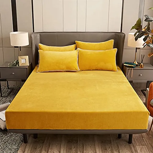 Ibenzoa Warme en Zachte Winter Hoeslaken van Goudgeel Fleece Pluche voor Boxspringbedden