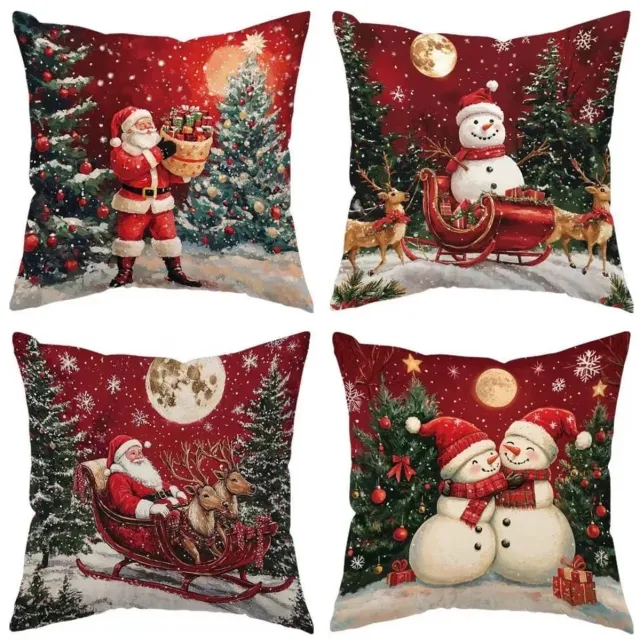Flintry Kerstdecoratie: set van 4 kussenhoezen (45 x 45 cm) – Vierkante kerstkussenhoezen met rits in landelijke stijl – Linnen hoezen voor sierkussens, geschikt voor bank, bed of stoel tijdens de winterfeestdagen. rood