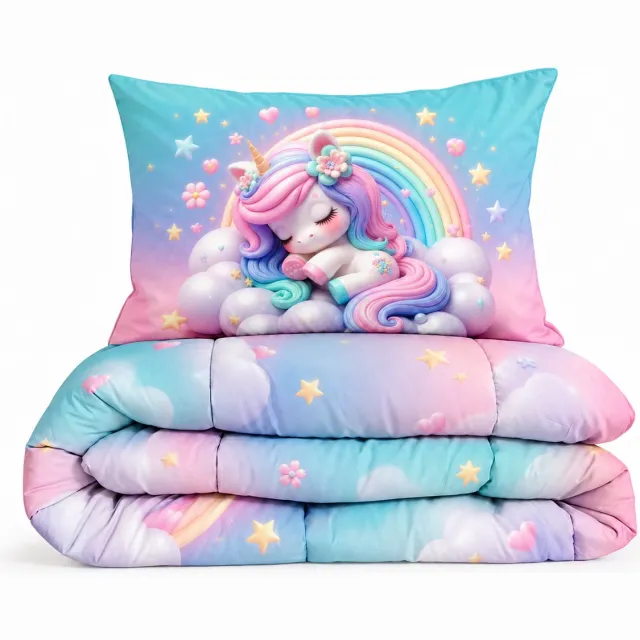 Eleganzzz Kinderdekbed Zonder Overtrek Sleepy Unicorn - Eenhoorn Kinderdekbed - Multi - 140x200 cm - Microvezel - Inclusief Kussensloop