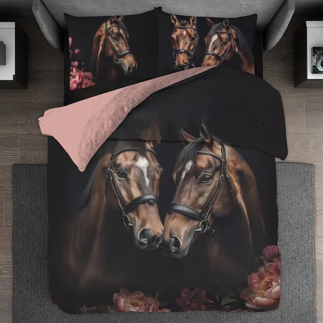 BED GLOW & APPAREL Dubbele persoons Dekbedovertrekset 200 x 200 cm en 2 kussensloops 60x70 cm - 100% katoen - Parden Patroon - Vastgemaakt met een praktische ritssluiting zwart