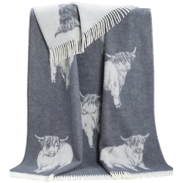 JJ Textile Wollen Plaid - HIGHLAND COW (Grijs) 130x190cm - Made in UK