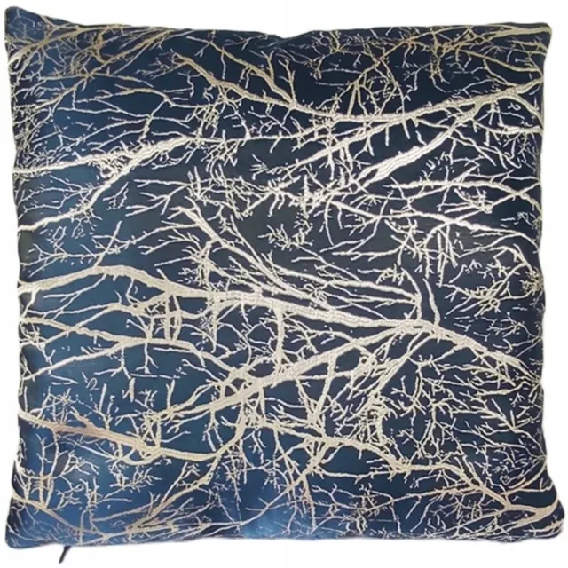 Granda Decoratieve Kussenhoes 45x45 cm - Dik Jacquard met Boompatroon Diepblauw met zilveren accenten