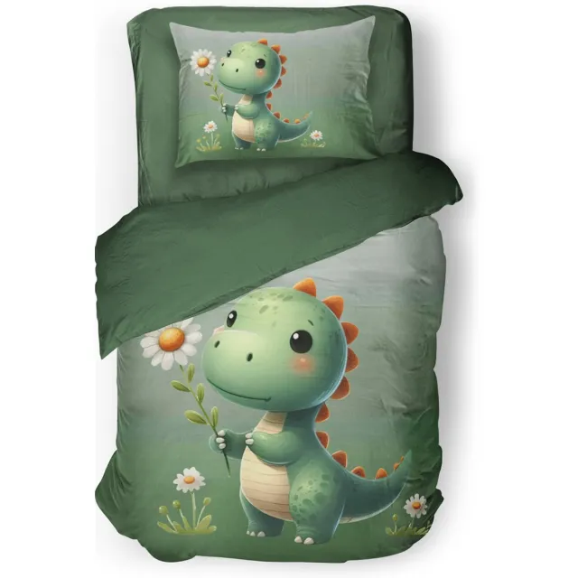 Eleganzzz Kinder Dekbedovertrek Sleeposaurus - Dino Dekbedovertrek - Green - 140x200/220cm - Dekbedovertrek Kinderen - Micropercal - Eenpersoons Sleeposaurus Green