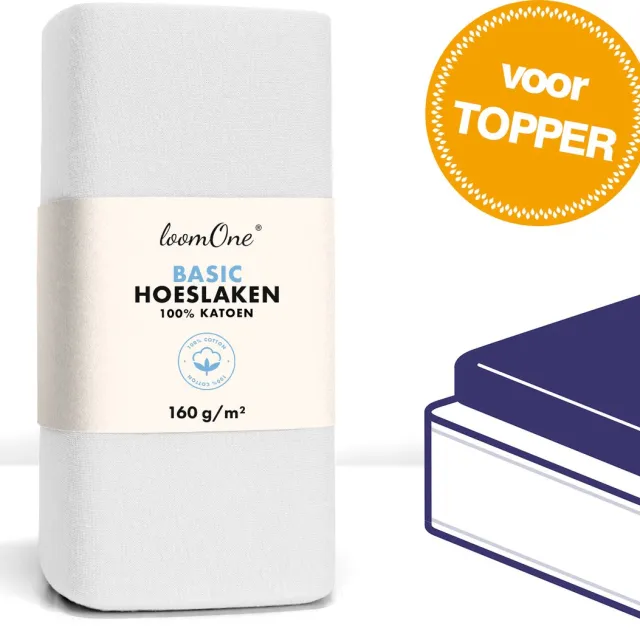 Loom One Hoeslaken Topper – 100% Jersey Katoen – 130x200 cm – tot 10cm matrasdikte– 160 g/m² – Wit